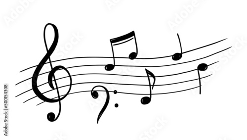 Music note doodle drawn background. Hand drawn sketch staff treble clef notes musician concept background. Melody symbol, black shape vector illustration.