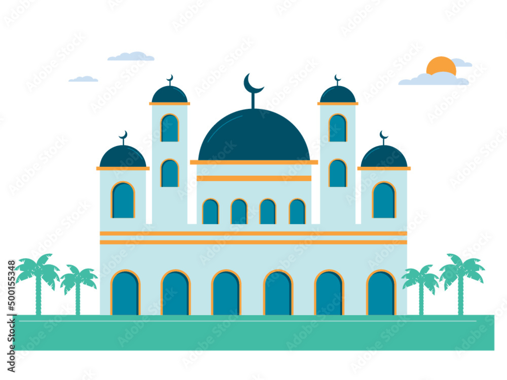 The big islamic mosque. Around the mosque with trees and grass. Ai vector illustration