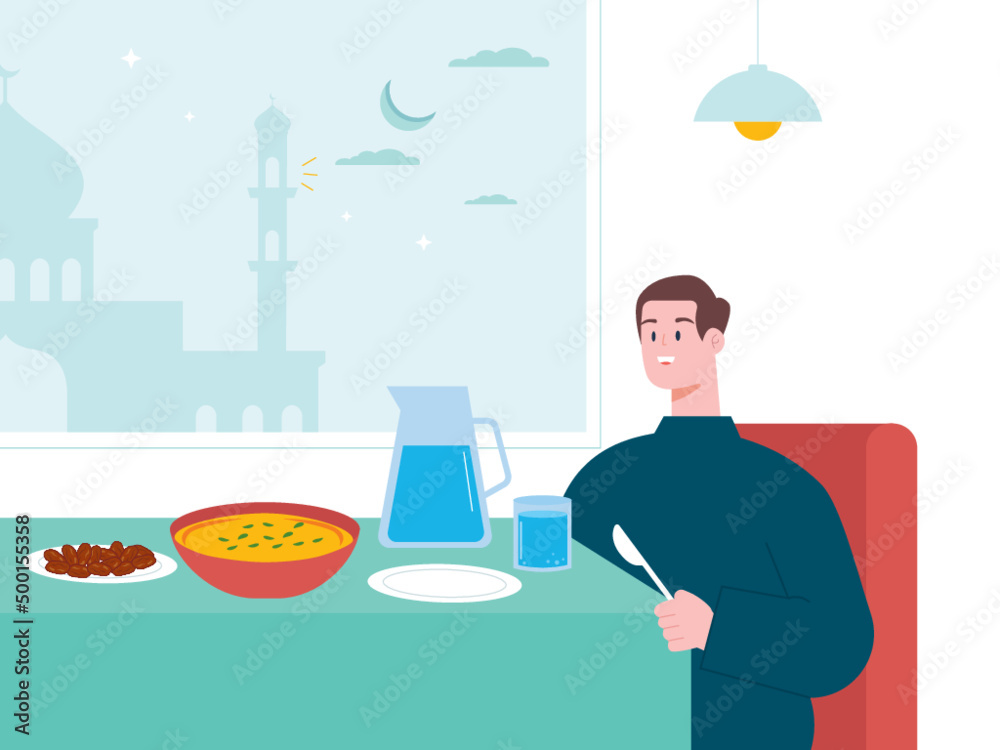 A muslim eating sahoor for ramadan kareem. He eating alone and ready to eat at home. Ai vector illustration