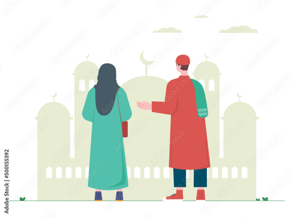 Dressed neatly, the husband and wife were walking to the mosque. Muslim worship. Eid vector illustration. Dressed neatly, the husband and wife were walking to the mosque. Muslim worship. Eid vector illustration.