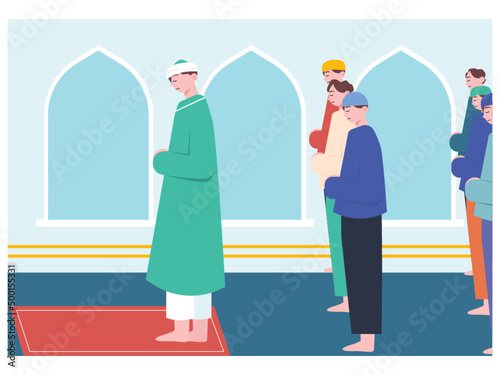 Pray in the mosque in congregation facing the Qibla. Rows of worshipers in a mosque during a congregational prayer. Ai vector illustration