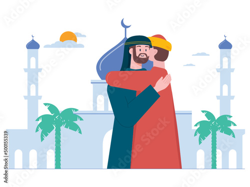 Two muslim brother hug each other. The beauty of brotherhood between people and forgiving each other. Ai vector illustration