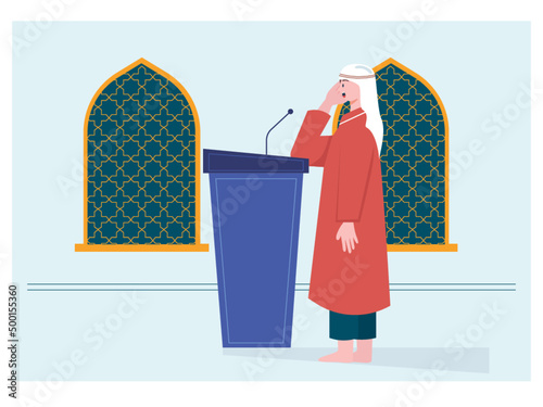 Muadzin Calls for Adzan in the mosque. The position of the muadzin hand during the adzan. Adzan is a call for Muslims to pray. Ai vector illustration photo