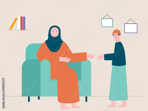 Child shaking hands with mother. The moment situation of apologise physically and mentally. Ai vector illustration