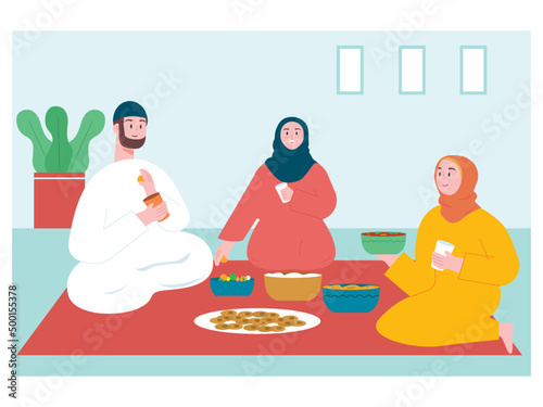 Moeslem family eat with traditional food. They eat together on eid moment. Ai vector illustration