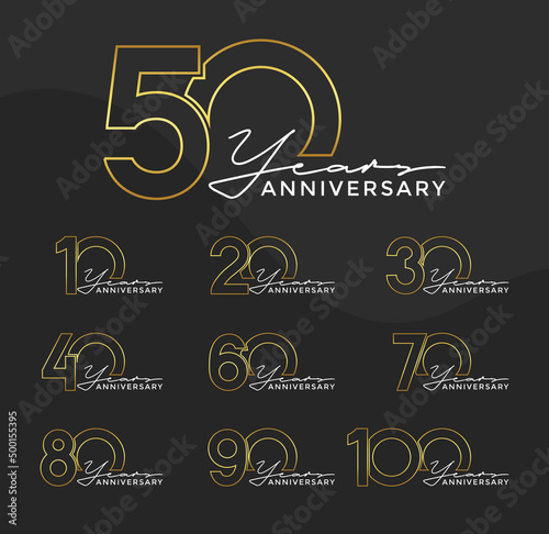 Set of Anniversary outline logotype silver and gold color with black background for celebration