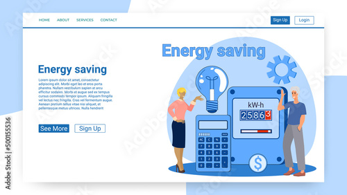 Energy saving.People on the background of an electric meter and a calculator are counting utility bills.vector illustration.
