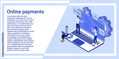 Web development.People are developing applications against the background of a large laptop.Web development.An illustration in the style of the landing page is blue.