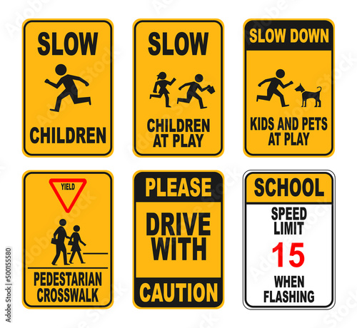 illustration set of school zone street or 

pedestrian area. pedestrians yellow signs 

isolated on white background. school sign.
