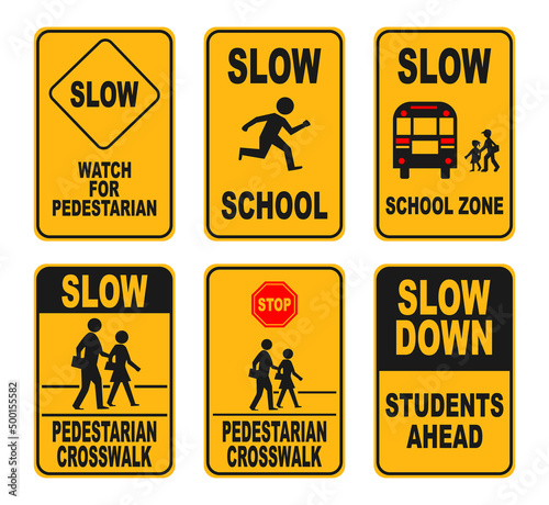 illustration set of school zone street or 

pedestrian area. pedestrians yellow signs 

isolated on white background. school sign.
