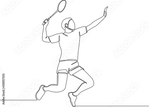 Continuous one line drawing male character doing jump smash at tournament. Single line draw design vector graphic illustration.