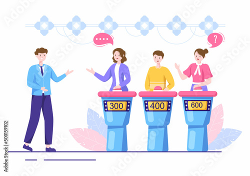 TV Quiz Show with Participants who Answer Questions and Will get Points From the Host on the Studio in Cartoon Illustration