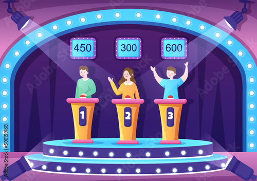 TV Quiz Show with Participants who Answer Questions and Will get Points From the Host on the Studio in Cartoon Illustration