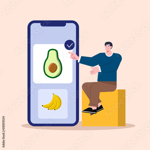 The concept of a male vector illustration is choosing on the UIUX smartphone application