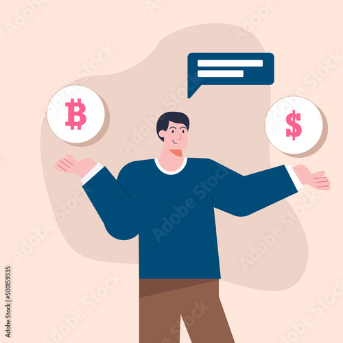 The concept of illustration of men is choosing a dollar or eth bitcoin. Design vector