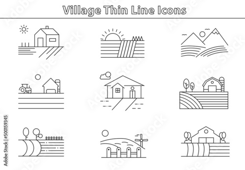 Continuous line drawing. Landscape with village and people's houses on the hill. Illustration for logo, card, banner, poster, flyer