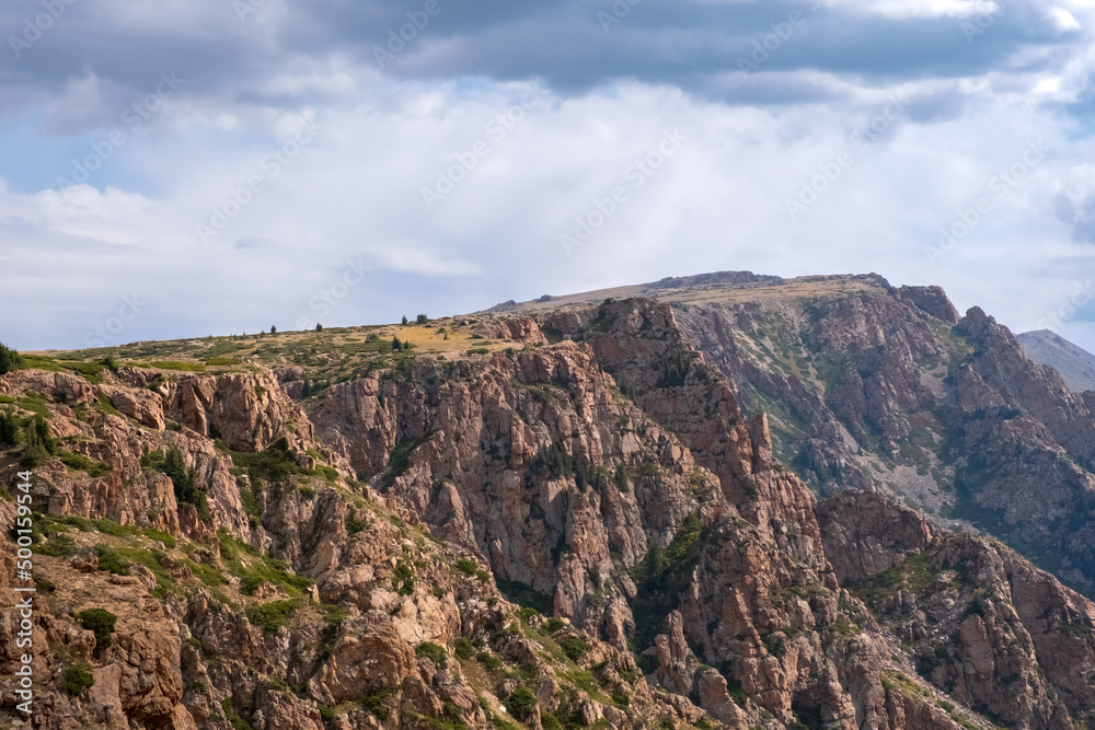 Obraz premium Beautiful mountains with plateau ending with rocky cliff. Mountain valley landscape. Travel concept. Kora river mountain gorge. Travel, tourism in Kazakhstan concept.