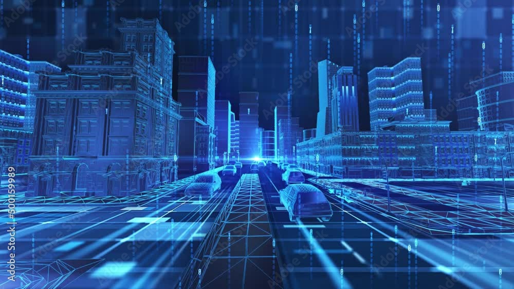 Blue technology city street, digital future architecture, futuristic street landscape.