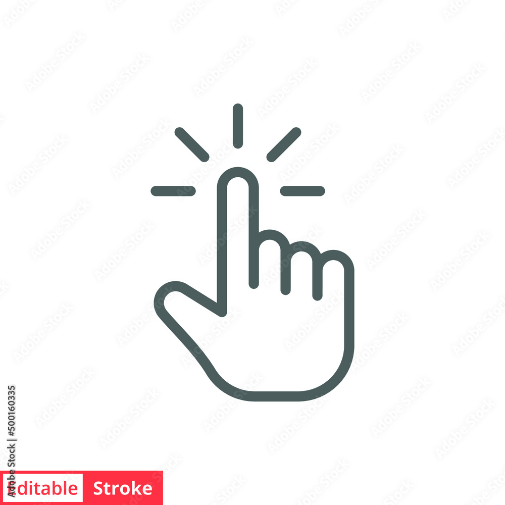 Clicking finger icon. Hand click, pointer symbol. Vector illustration isolated. Simple outline style. Editable stroke EPS 10. Clicking finger icon. Hand click, pointer symbol. Vector illustration isolated. Simple outline style. Editable stroke EPS 10.