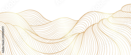 Elegant abstract line art on white background. Luxury hand drawn and golden texture with gold gradient wavy line. Shining wave line design for wallpaper, banner, prints, covers, wall art, home decor.