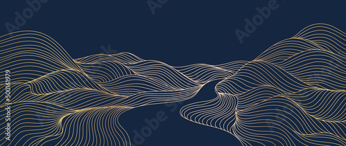 Elegant abstract line art on dark background. Luxury hand drawn and golden texture with gold wavy line. Shining wave line design for wallpaper, banner, prints, covers, wall art, home decor.
