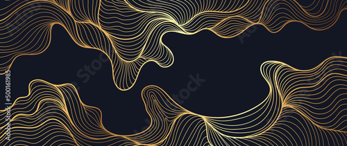 Elegant abstract line art on dark background. Luxury hand drawn and golden texture with gold wavy line. Shining wave line design for wallpaper, banner, prints, covers, wall art, home decor.