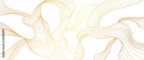 Elegant abstract line art on white background. Luxury hand drawn and golden texture with gold gradient wavy line. Shining wave line design for wallpaper, banner, prints, covers, wall art, home decor.