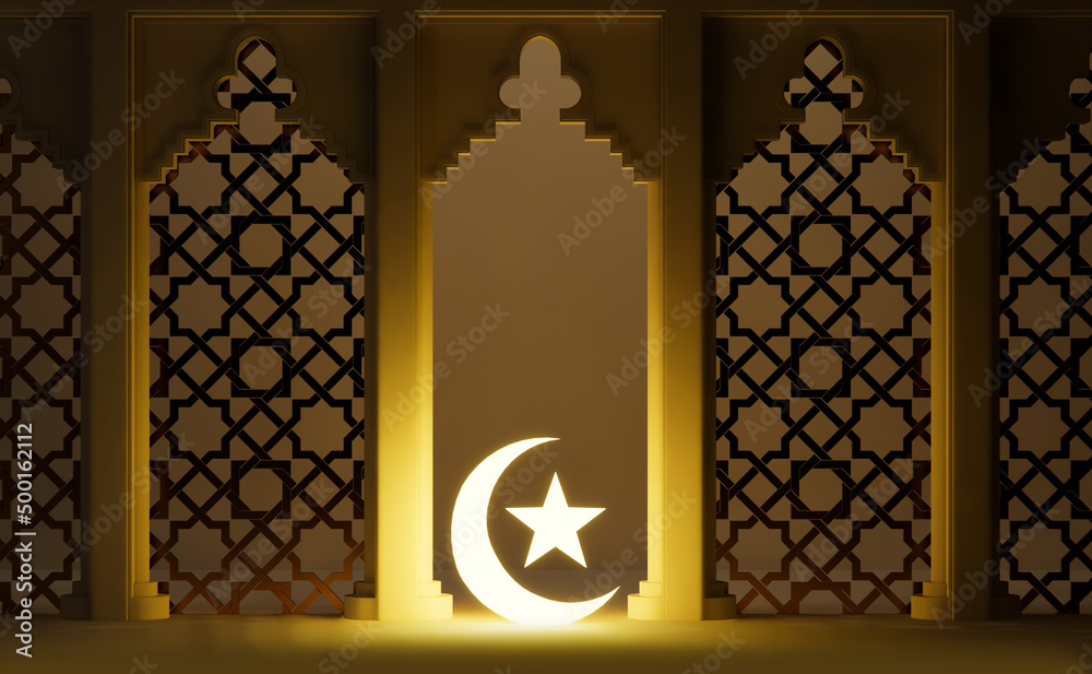 Islamic night scene with crescent moon neon light background