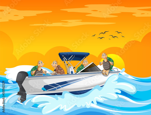 Ocean scene with group of tortoises on speedboat
