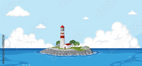 Lighthouse in on the island in the middle of the sea