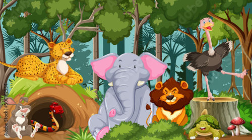 Wild animals cartoon in the forest scene