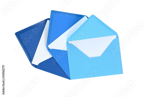 Envelopes of blue hues with blank white card