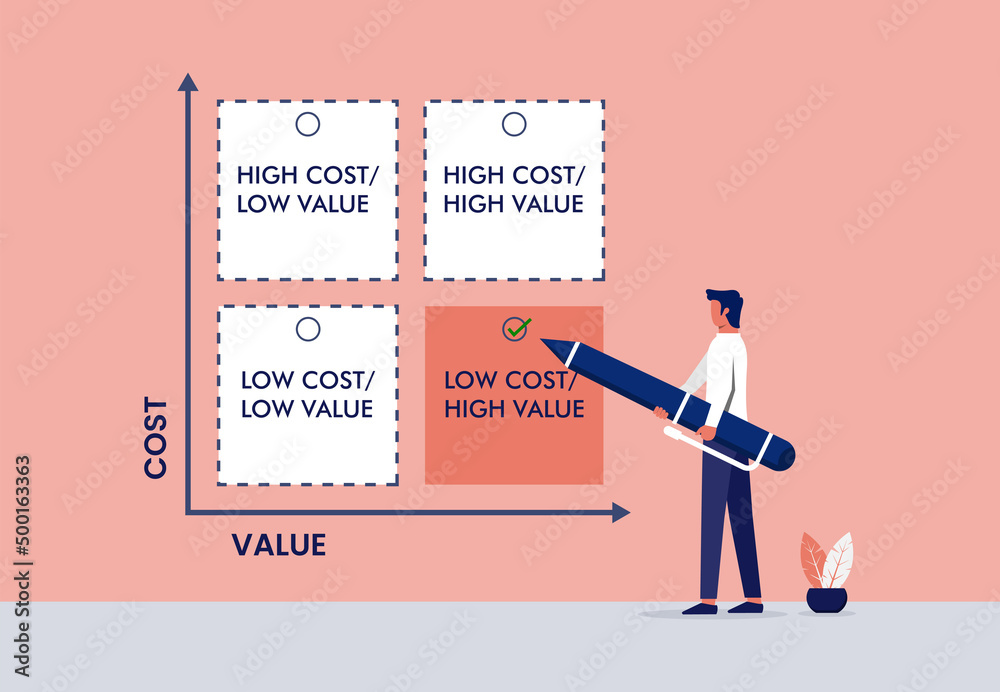 Man checking list the target of cost vs value concept. Business vector illustration Man checking list the target of cost vs value concept. Business vector illustration
