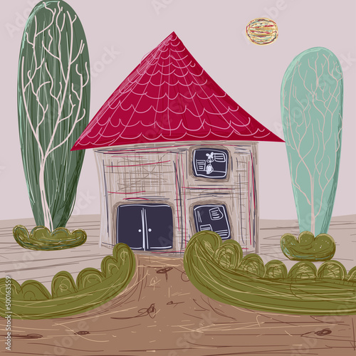 Hand Drawn Illustration Home at Garden. Children Illustration.