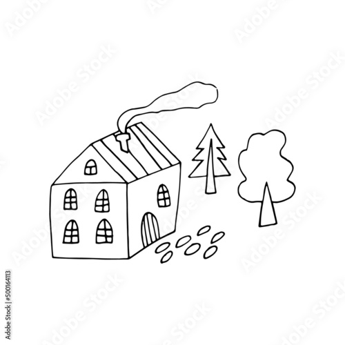 house and trees. vector illustration hand drawn in doodle line art style.