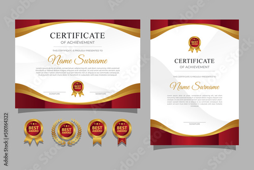Horizontal and vertical certificate design template with red border and gold badges