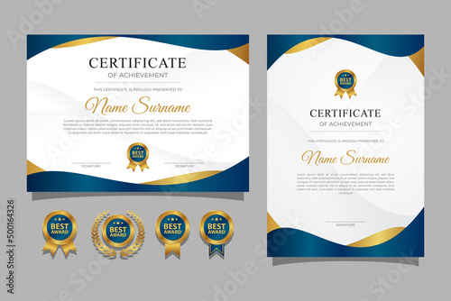 Blue and gold certificate of appreciation border template with luxury badges and modern line pattern