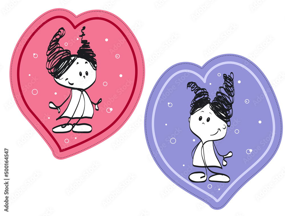 Two girls in color as heart stickers Two girls in color as heart stickers
