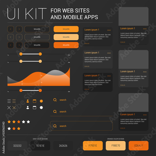 Orange color dark UI kit with buttons, search form, statistic element, and cards for web site design and mobile apps. Static hover and pressed elements, hex color scheme.