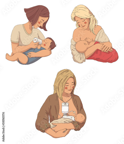 A woman is breastfeeding her child. A mother feeds her baby from a bottle with milk or formula.