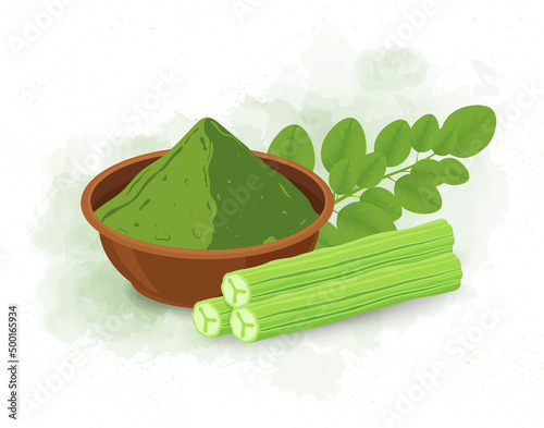 Super food Moringa Leave and powder with moringa sticks - Vector illustration