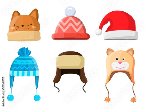 Winter or autumn headwear collection. Vector knitting hats, caps and scarfs for girls and boys for cold weather isolated on white background.