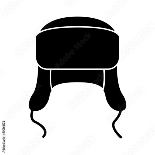 Winter hat earflap black icon isolated on white background. Knitting headwear with two long ear flaps and cap for cold weather. Outdoor clothing. Vector illustration