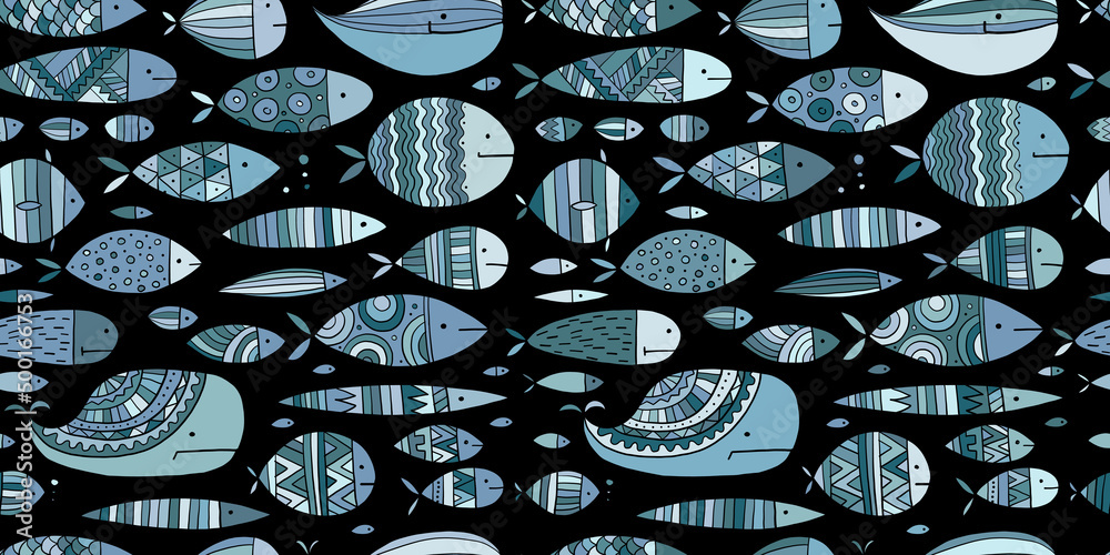 Funny fishes collection, ethnic ornament. Childish style. Seamless pattern for your design