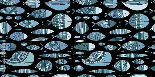 Funny fishes collection, ethnic ornament. Childish style. Seamless pattern for your design