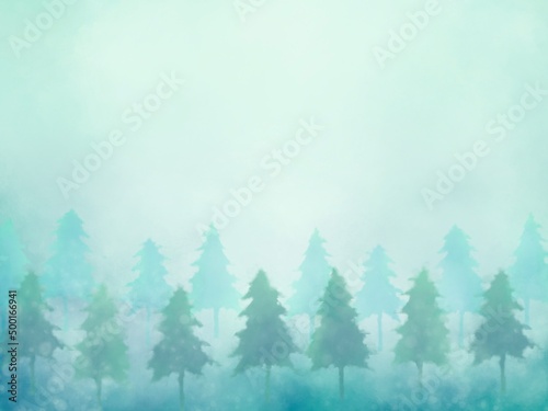 霧がかった幻想的な森 水彩背景素材 © 戸塚 詩織