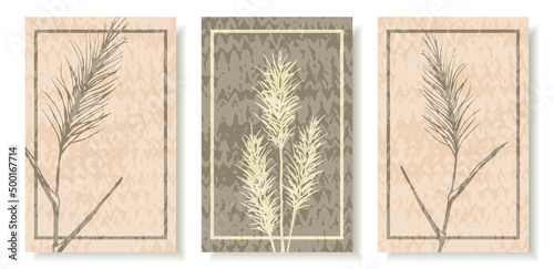 Simple vector set of posters in pastel gray-pink colors. Pampas grass panicles, knitted texture. Templates for covers, cards in boho style.