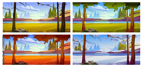 Cartoon nature landscape trees, rocks and river or lake at spring, summer, autumn and winter time. Scenery background at year seasons with pond and spruces natural scenes, Vector illustration, set