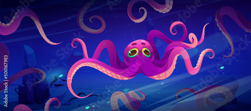 Octopus under water in sea or ocean. Vector cartoon illustration of oceanarium aquarium with giant cephalopods, sea animals with tentacles and suckers behind glass