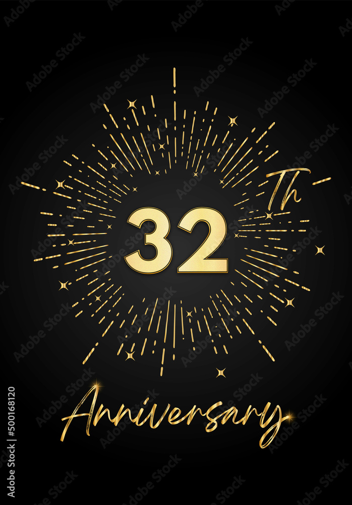 Naklejka premium 32 years golden anniversary logo celebration with a firework on black background. 32 years anniversary card template. vector design for greeting cards, birthday, wedding events, and invitation card